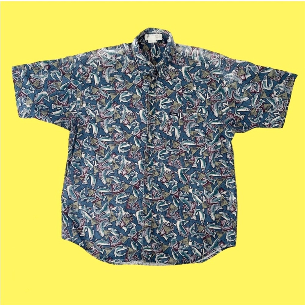 Vintage 90s Columbia AOP Fly Fishing Short Sleeve Button Down Large